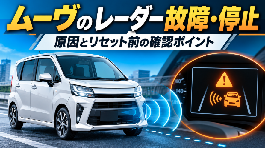 ダイハツ ムーヴのレーダー故障・停止を示す警告表示と前方センサーのイメージ、原因とリセット前の確認ポイント