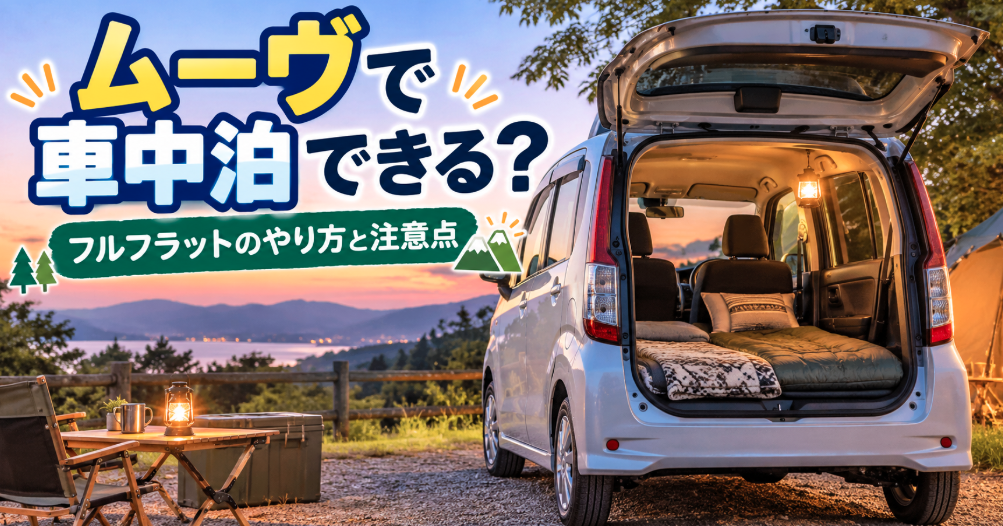 ムーヴで車中泊するために後席をフルフラットにしてマットを敷いた車内イメージ