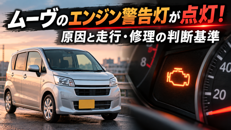 ムーヴのエンジン警告灯が点灯したメーターパネルと車両イメージ