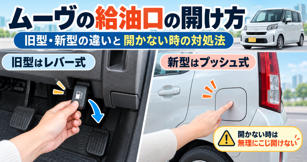 ムーヴの給油口の開け方を旧型のレバー式と新型のプッシュ式で比較し、開かない時の対処法を示した画像